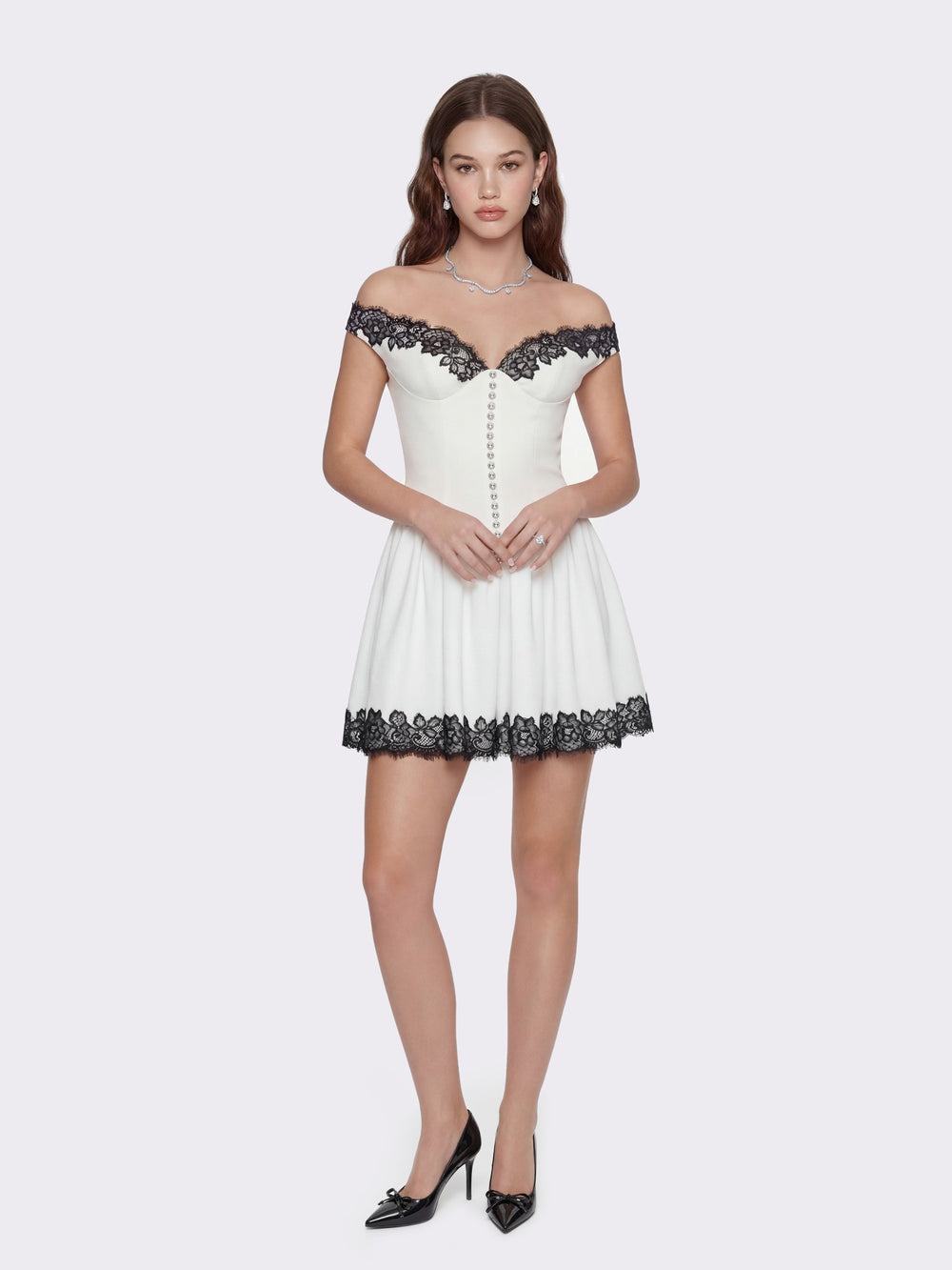 Isabela Lace Trim Off-Shoulder Fitted Mini Dress | Nana Jacqueline