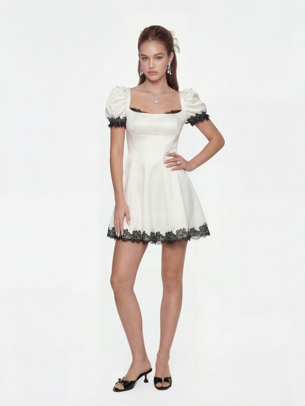 Natalia Puff Sleeve White Satin Mini Dress | Nana Jacqueline