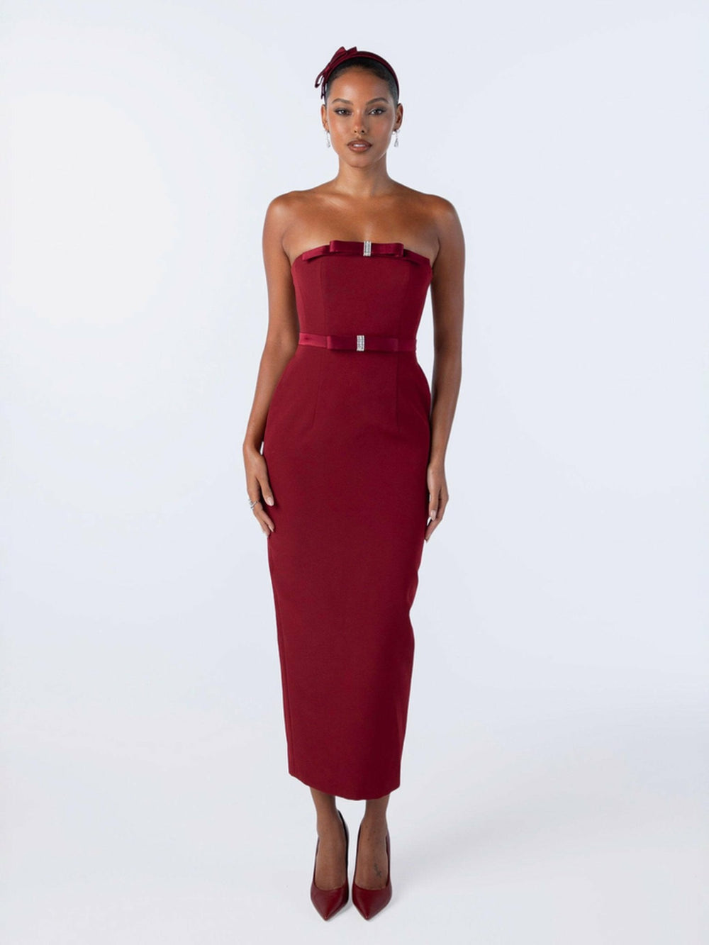Demi Bow Dress: Red Midi Dress for Cocktail Party | Nana Jacqueline