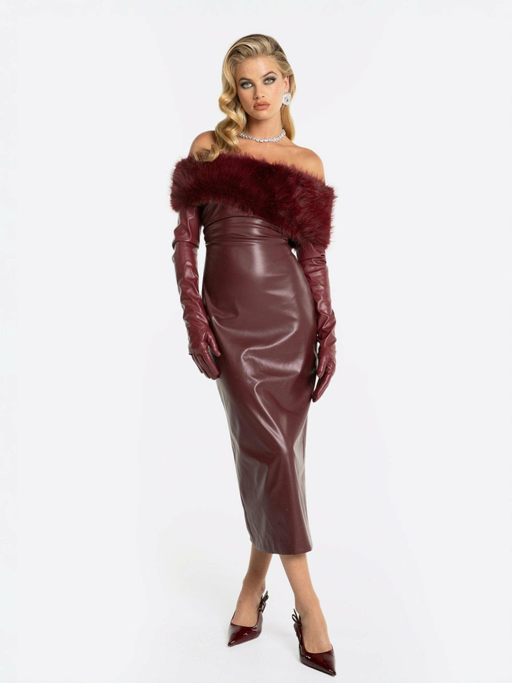 Gabrielle Fur Maxi Dress: Red Maxi Dress for Cocktail Party | Nana Jacqueline