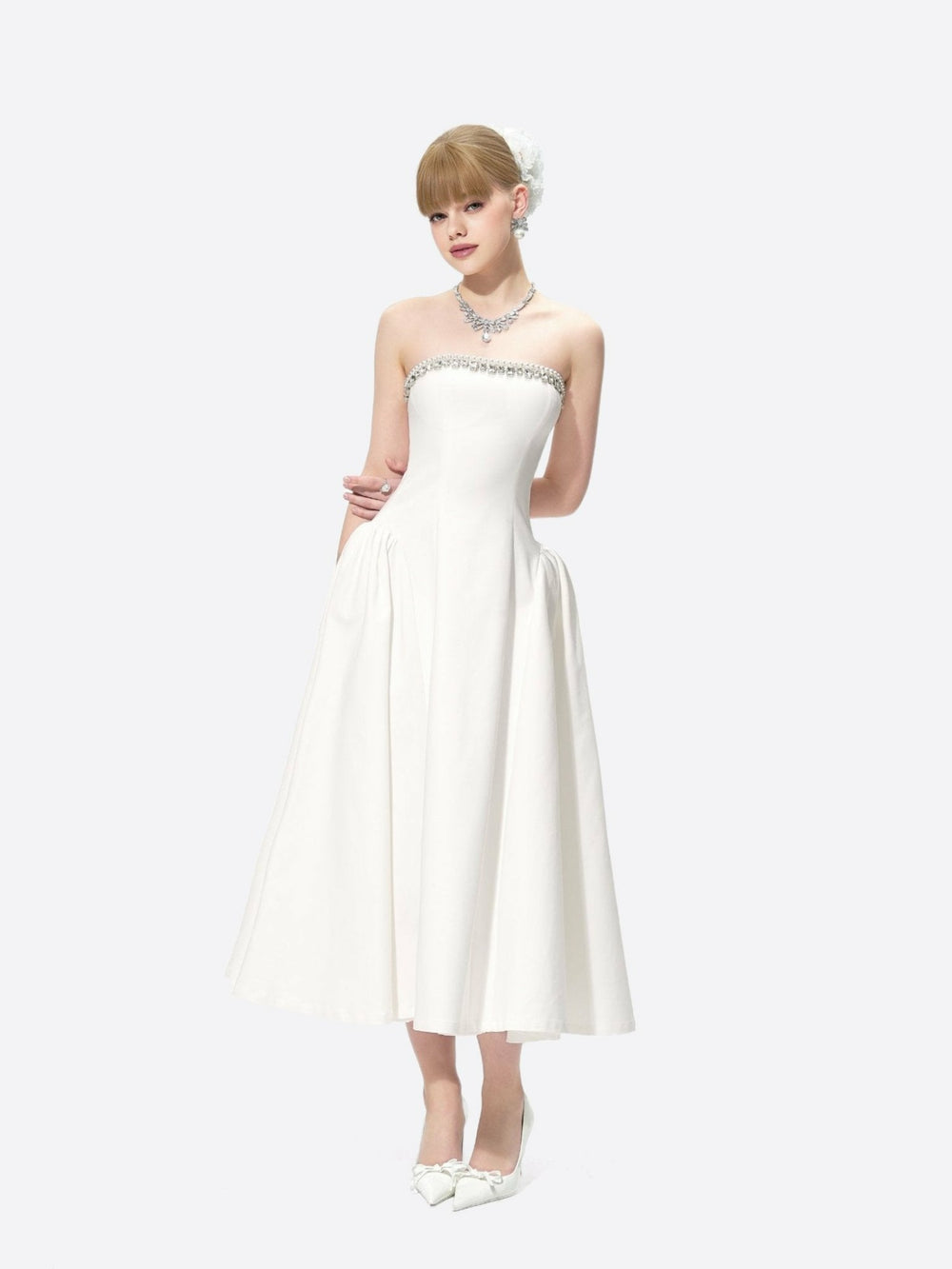 Nicolette Dress: White Midi Dress for Bridal Shower | Nana Jacqueline