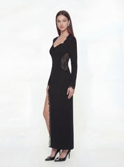 Adriana Lace High-Slit Black Acetate Maxi Dress | Nana Jacqueline