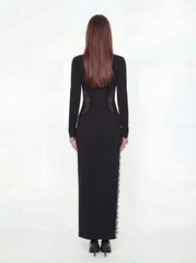 Adriana Lace High-Slit Black Acetate Maxi Dress | Nana Jacqueline
