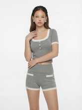 Grey Contrast-Trim Knit Top with Pearl Buttons | Nana Jacqueline