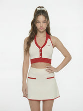 White Contrast Halter Knit Top | Nana Jacqueline