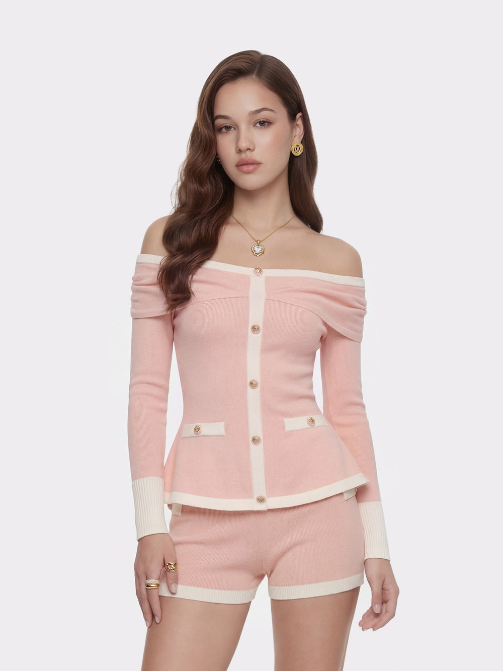 Colette Off-Shoulder Contrast Knit Blush Pink Top | Nana Jacqueline