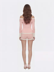 Colette Off-Shoulder Contrast Knit Blush Pink Top | Nana Jacqueline