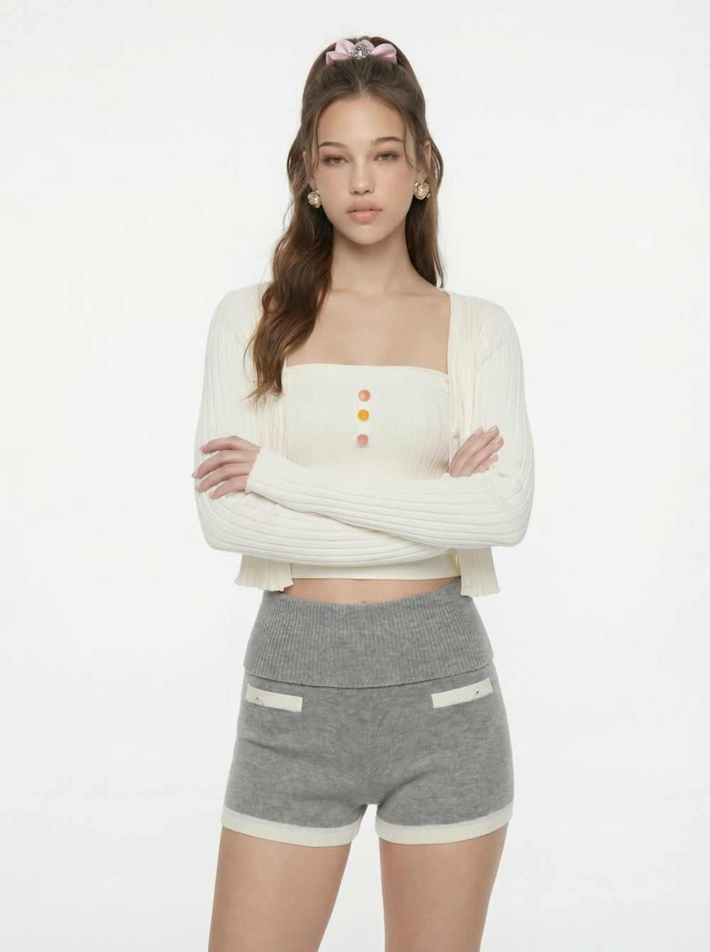 White Cropped Ribbed Knit Cardigan | Nana Jacqueline