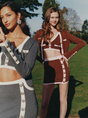 Brown Contrast-Trim Knit Three-Piece Set | Nana Jacqueline