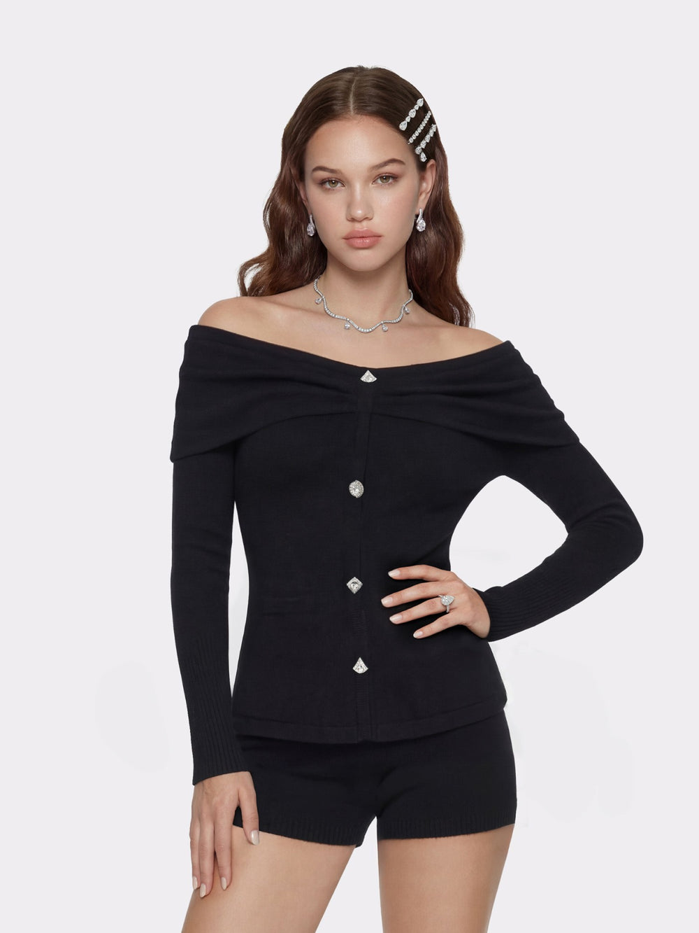 Brigitte Off-Shoulder Knit Black Top: Black Knit Top for Date Night | Nana Jacqueline