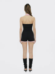 Black Halter Knit Romper with Pink Contrast | Nana Jacqueline