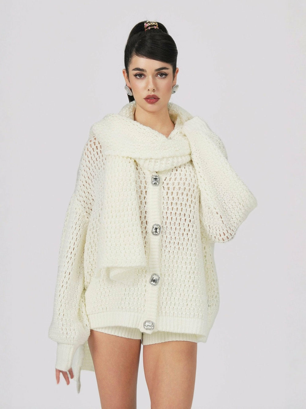 Alexis Cardigan + Scarf Set: White Knit Set for Resort Brunch | Nana Jacqueline