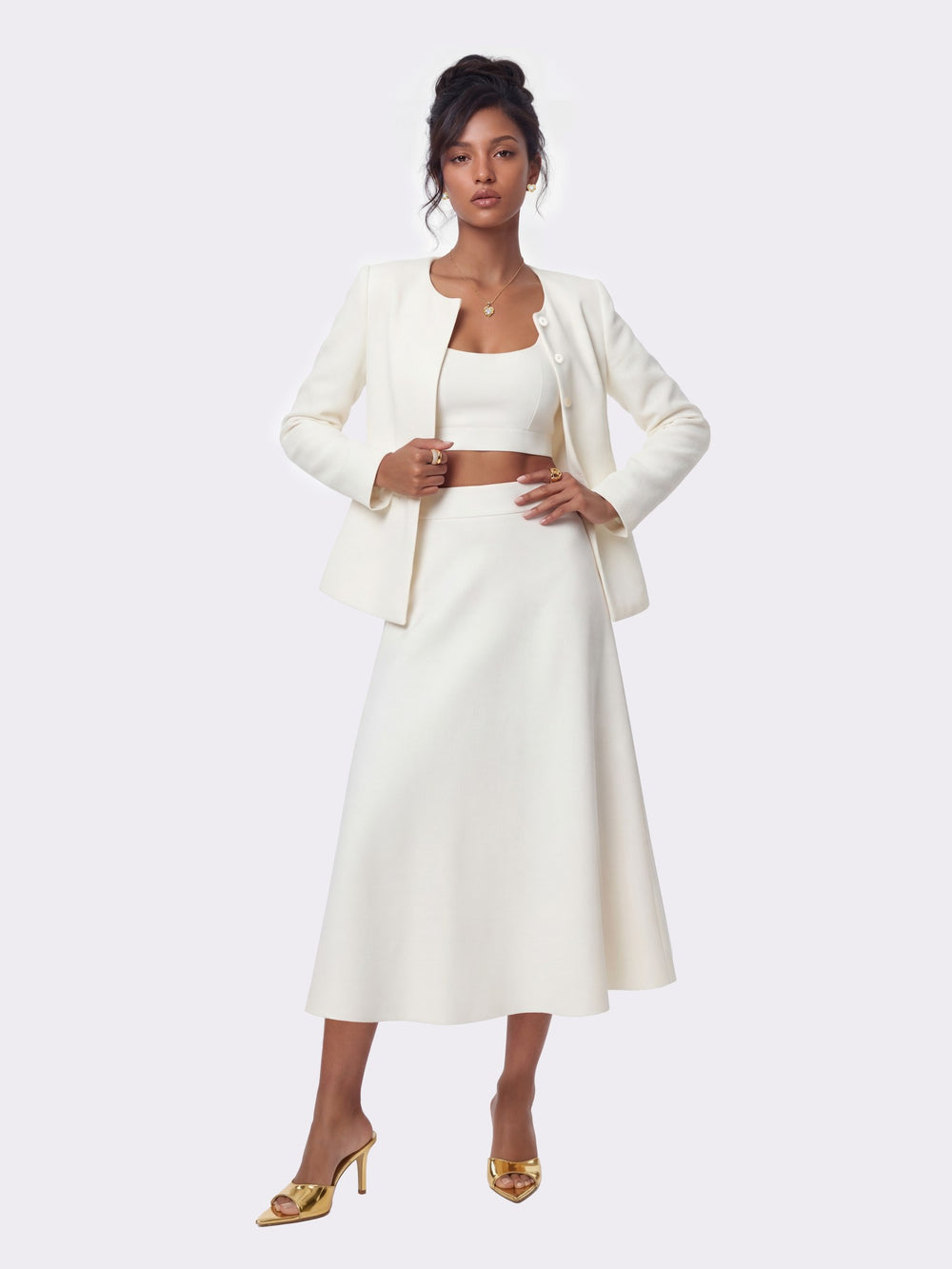 Natalia Tailored A-Line White Midi Skirt: White Midi Skirt for Bridal Shower | Nana Jacqueline