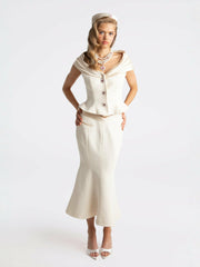 Belle Satin Skirt: Beige Midi Skirt for Rehearsal Dinner | Nana Jacqueline