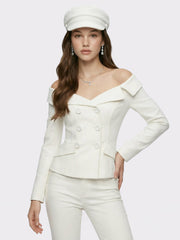 White Denim Double-Breasted Tailored Top | Nana Jacqueline