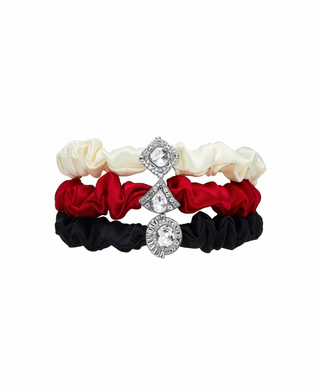 Helene Crystal-Detail Silk Noir Scrunchie Set: Silk Scrunchie Set for Party Hairstyles | Nana Jacqueline