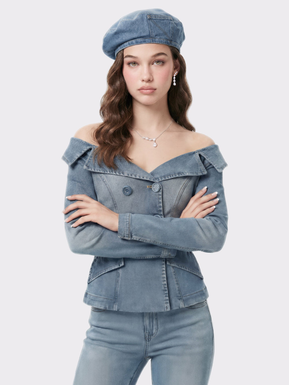 Light Blue Denim Double-Breasted Tailored Top | Nana Jacqueline