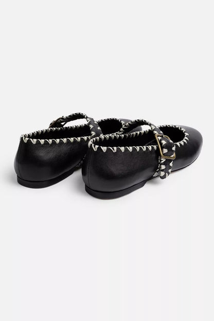 Johnny Was BLANKET STITCH LEATHER MARY JANE FLAT