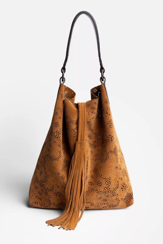 Johnny Was FLORAL ITALIAN PERFORATED SUEDE SLOUCH BAG
