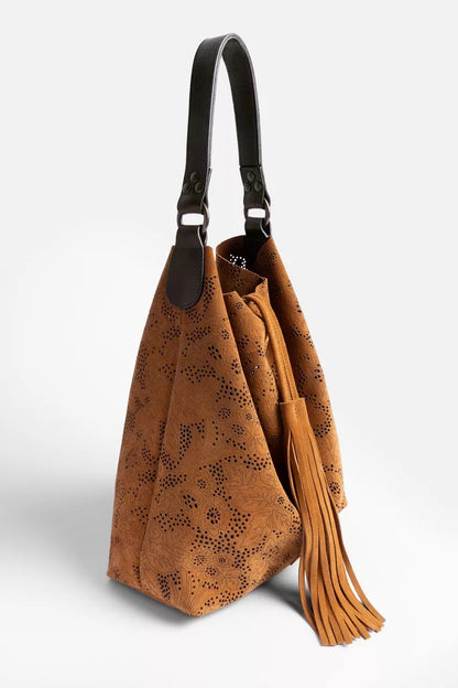 Johnny Was FLORAL ITALIAN PERFORATED SUEDE SLOUCH BAG
