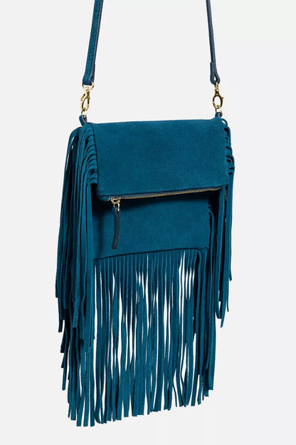 Johnny Was TEAL ITALIAN SUEDE FOLDOVER FRINGE CROSSBODY