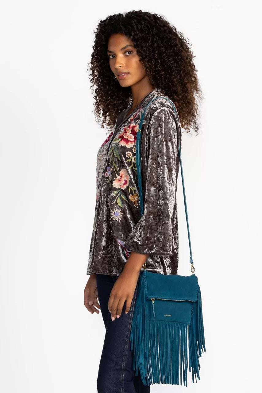 Johnny Was TEAL ITALIAN SUEDE FOLDOVER FRINGE CROSSBODY