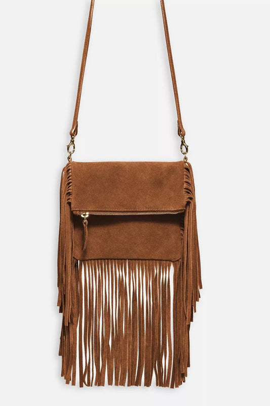 Johnny Was COGNAC ITALIAN SUEDE FOLDOVER FRINGE CROSSBODY
