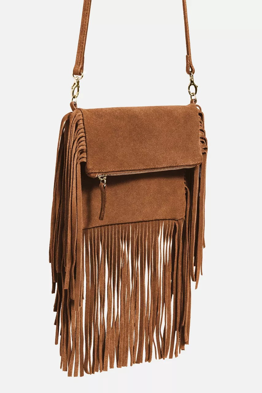 Johnny Was COGNAC ITALIAN SUEDE FOLDOVER FRINGE CROSSBODY