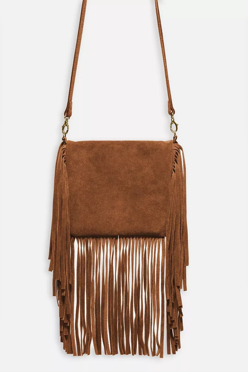 Johnny Was COGNAC ITALIAN SUEDE FOLDOVER FRINGE CROSSBODY