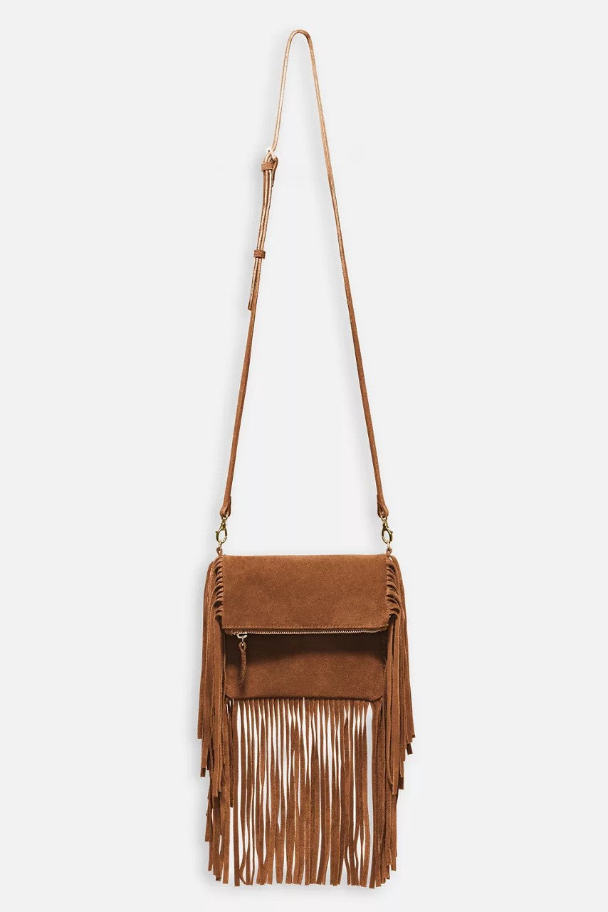 Johnny Was COGNAC ITALIAN SUEDE FOLDOVER FRINGE CROSSBODY