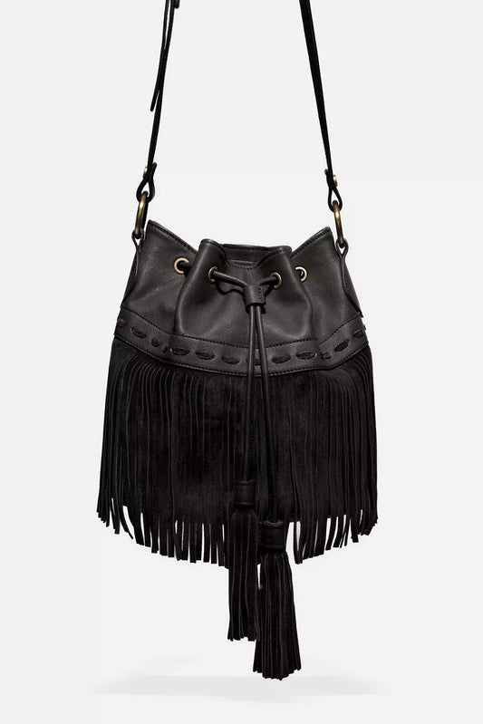 Johnny Was ITALIAN LEATHER FRINGE BUCKET BAG