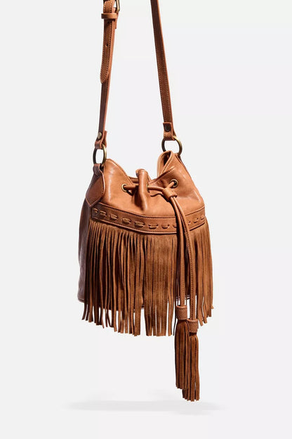 Johnny Was ITALIAN LEATHER FRINGE BUCKET BAG