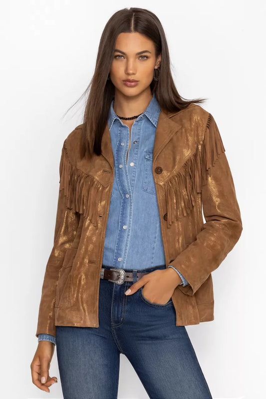 Johnny Was GOLD SHIMMER ITALIAN SUEDE FRINGE JACKET