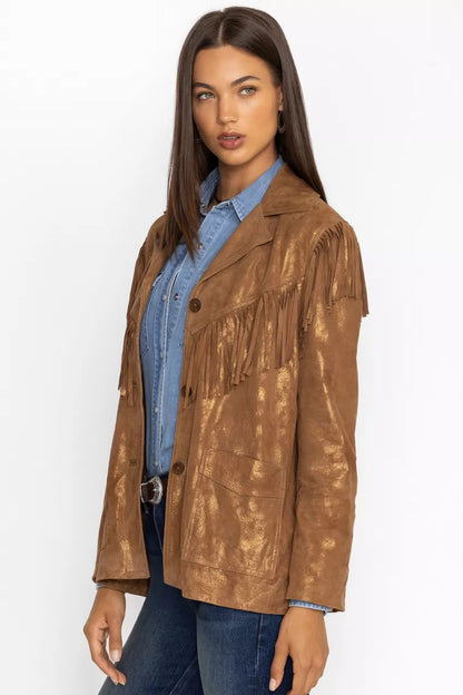 Johnny Was GOLD SHIMMER ITALIAN SUEDE FRINGE JACKET