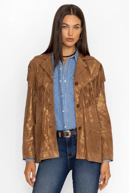 Johnny Was GOLD SHIMMER ITALIAN SUEDE FRINGE JACKET