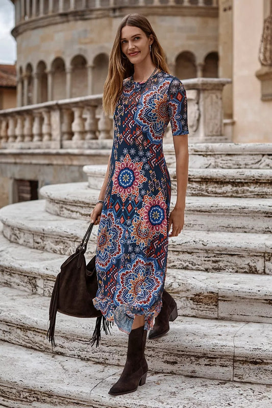 Johnny Was MESH ELBOW SLEEVE ASYMMETRIC HEM DRESS