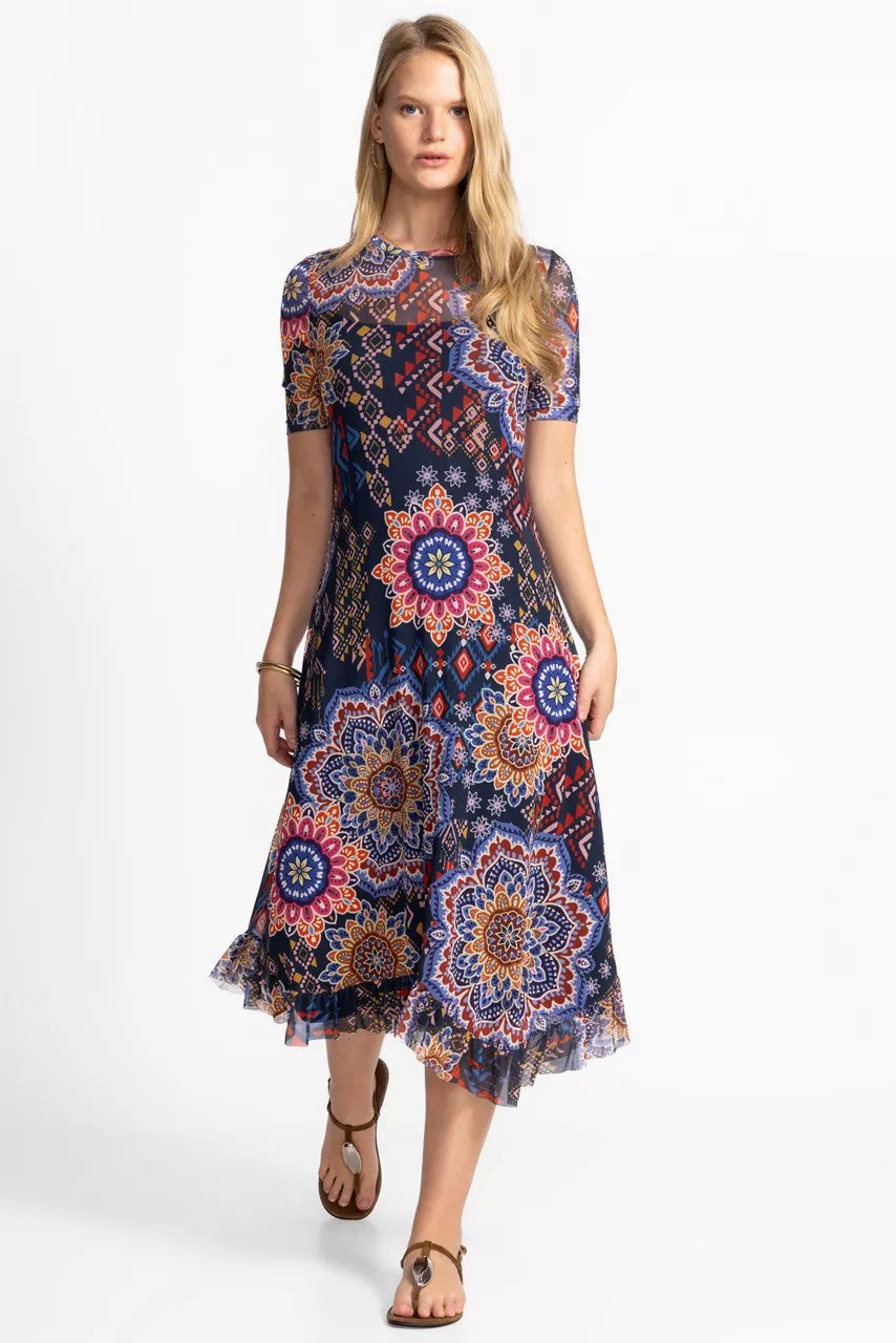 Johnny Was MESH ELBOW SLEEVE ASYMMETRIC HEM DRESS