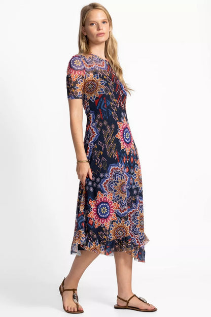 Johnny Was MESH ELBOW SLEEVE ASYMMETRIC HEM DRESS