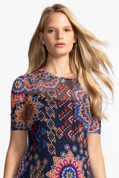 Johnny Was MESH ELBOW SLEEVE ASYMMETRIC HEM DRESS