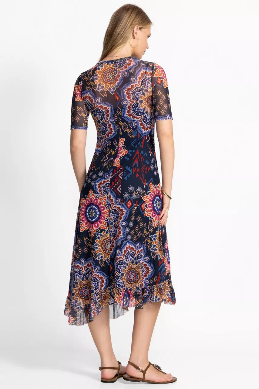 Johnny Was MESH ELBOW SLEEVE ASYMMETRIC HEM DRESS