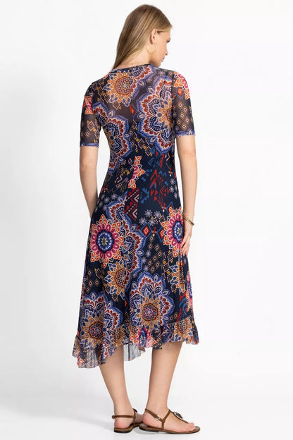 Johnny Was MESH ELBOW SLEEVE ASYMMETRIC HEM DRESS