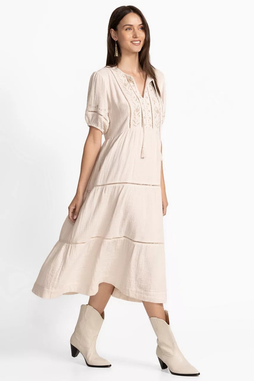 Johnny Was PUFF SLEEVE TIE NECK MIDI DRESS