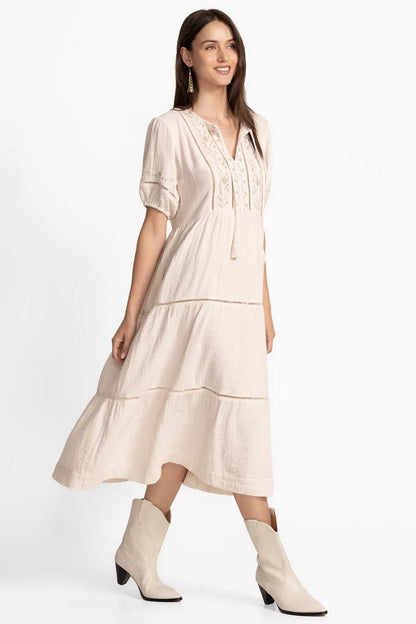 Johnny Was PUFF SLEEVE TIE NECK MIDI DRESS