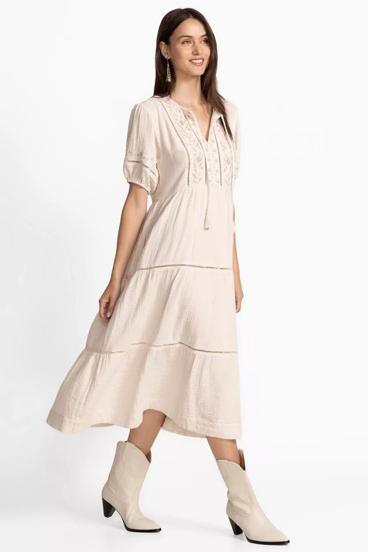 Johnny Was PUFF SLEEVE TIE NECK MIDI DRESS
