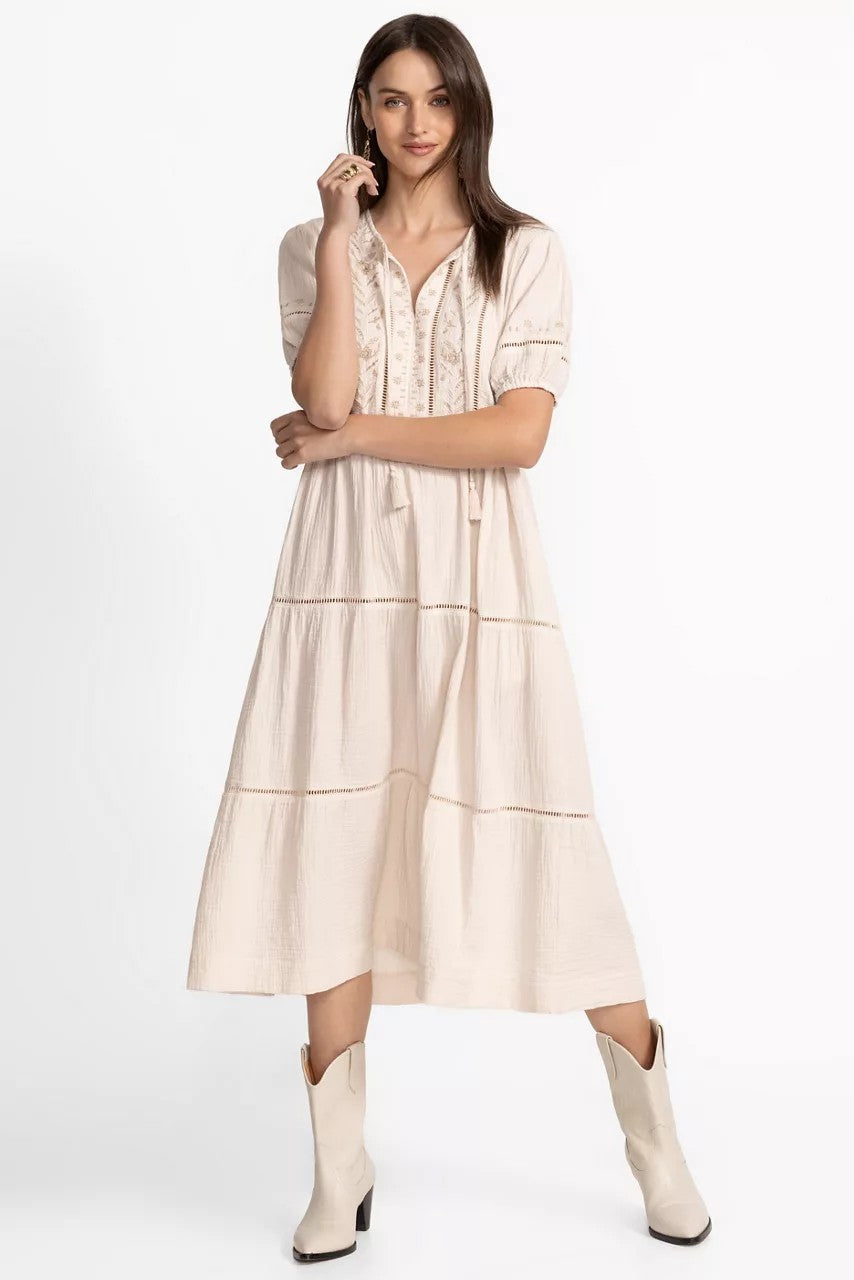 Johnny Was PUFF SLEEVE TIE NECK MIDI DRESS