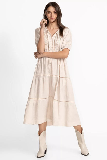 Johnny Was PUFF SLEEVE TIE NECK MIDI DRESS