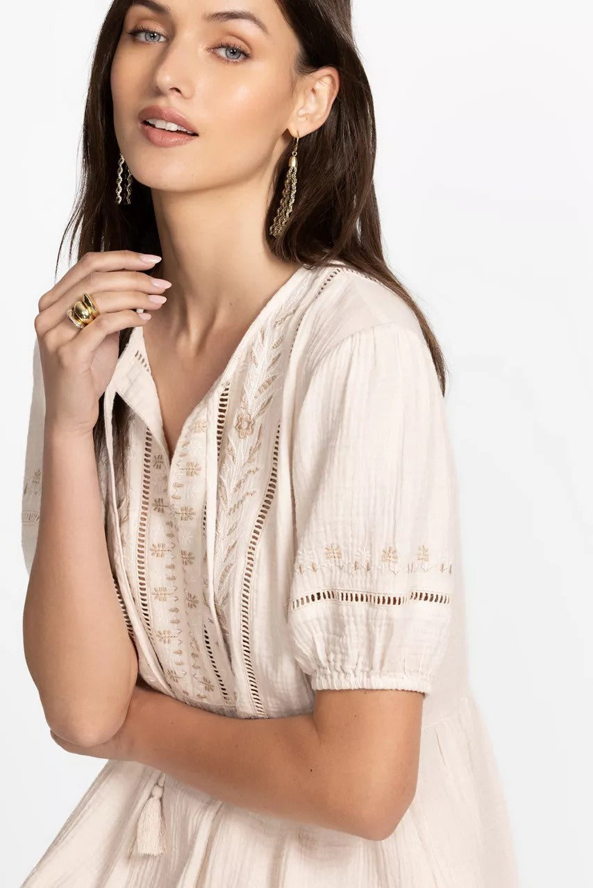 Johnny Was PUFF SLEEVE TIE NECK MIDI DRESS