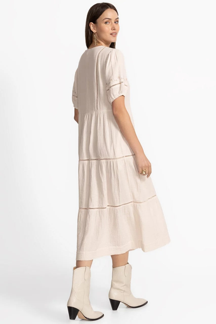 Johnny Was PUFF SLEEVE TIE NECK MIDI DRESS