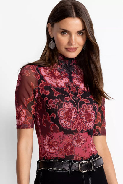 Johnny Was MESH ELBOW SLEEVE MOCK NECK
