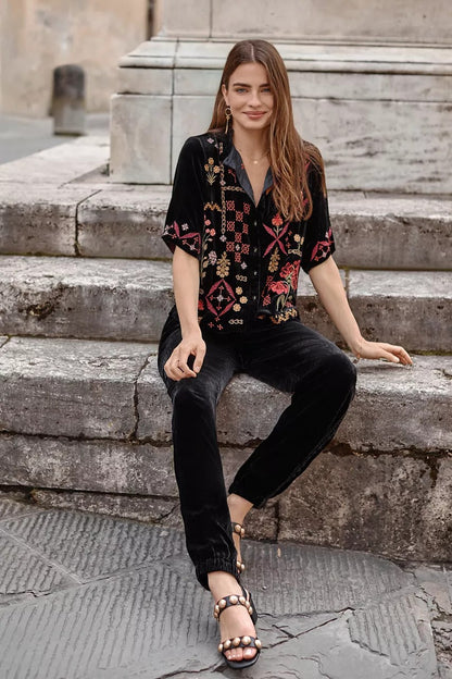 Johnny Was RUFFLE NECK VELVET SHIRT